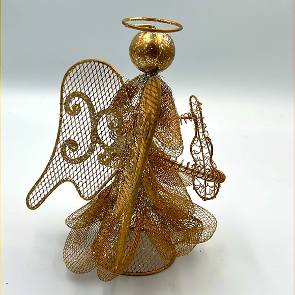 VTG Gold metal Christmas Angel playing instrument shiny Tree Topper Display - Picture 3 of 8